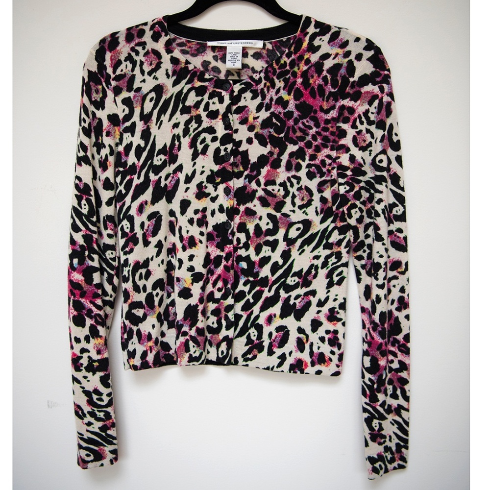 Diane Von Furstenberg Cream Black Pink Leopard Print Cardigan